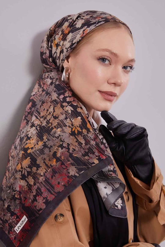 Çiçekli Soyut Desen Twill İpek Eşarp Füme