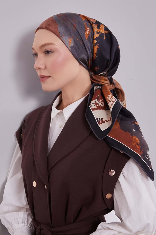 Karma Desenli Twill İpek Eşarp Siyah
