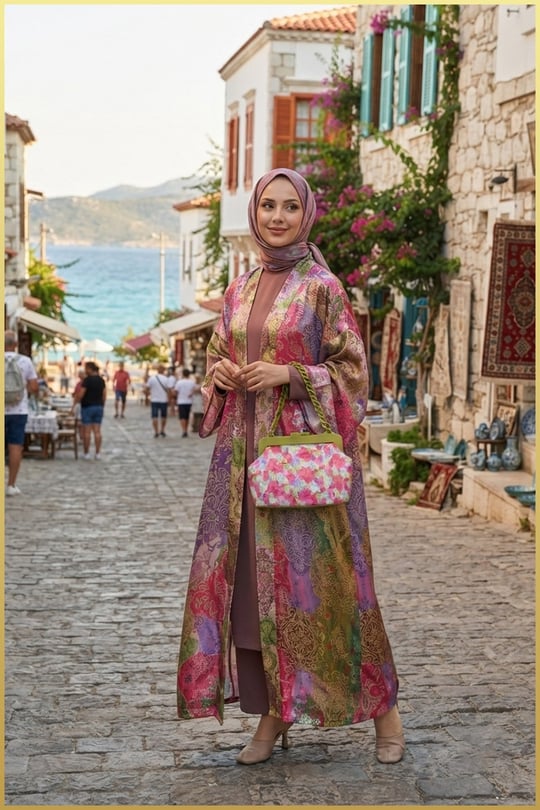 Chin Kadın Desenli Burslu El ve Omuz Çantası - Fıstık Yeşili-Fuşya
