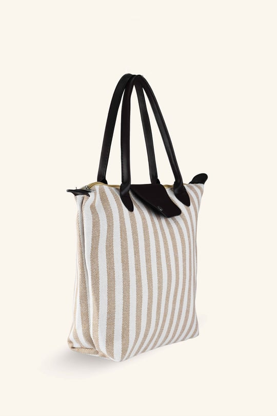 Çizgili Shopper Çanta - Bej - Kahverengi