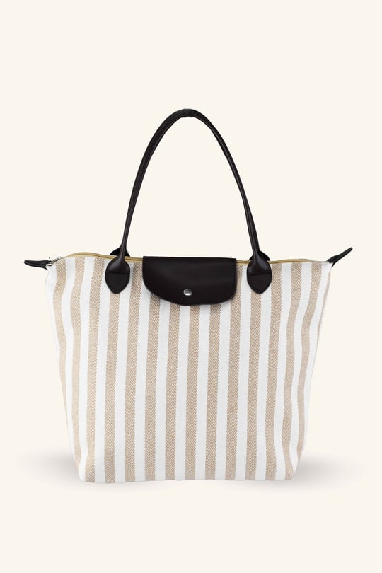 Çizgili Shopper Çanta - Bej - Kahverengi