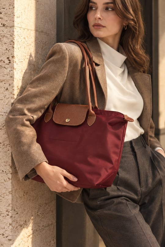 Kadın Deri Saplı Katlanabilir Büyük Boy Shopper El ve Omuz Çantası - Bordo-Taba