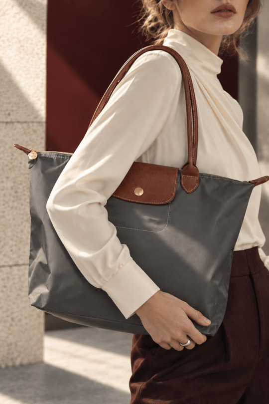 Kadın Deri Saplı Katlanabilir Büyük Boy Shopper El ve Omuz Çantası - Füme-Taba