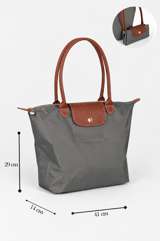 Kadın Deri Saplı Katlanabilir Büyük Boy Shopper El ve Omuz Çantası - Füme-Taba