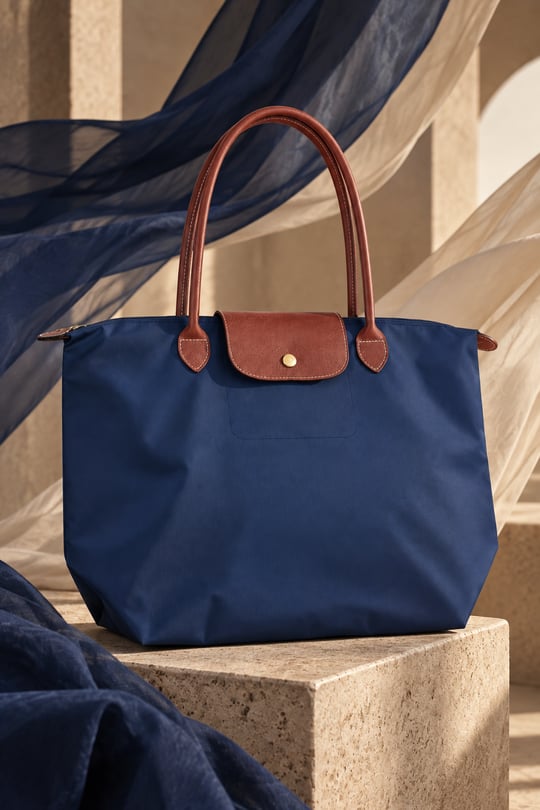 Kadın Deri Saplı Katlanabilir Büyük Boy Shopper El ve Omuz Çantası - Lacivert-Taba