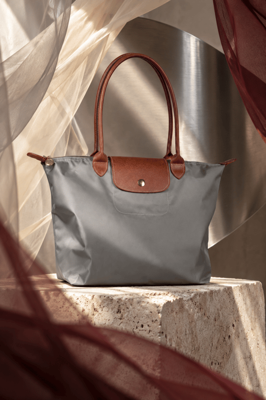 Kadın Deri Saplı Katlanabilir Büyük Boy Shopper El ve Omuz Çantası - Füme-Taba