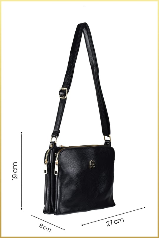 Kadın Yumuşak Deri Üç Bölmeli Askılı Kol Çantası - Siyah