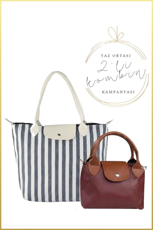 Siyah-Beyaz Çizgili Shopper Çanta ve Bordo Pia Mini Çanta Seti