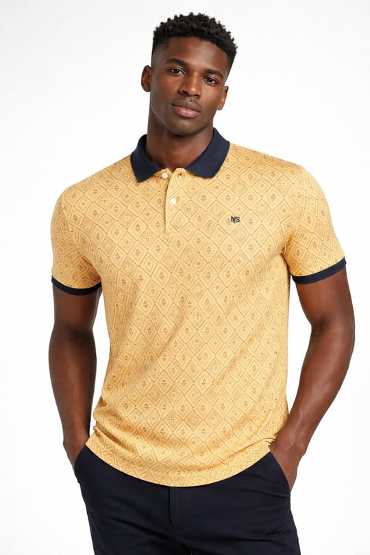 Erkek Polo Yaka Tişört Desenli Sarı %100 Pamuk Slim Fit T-shirt