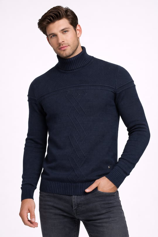 Lacivert Erkek Tam Boğazlı Örgü Desenli Slim Fit Kazak NCS JEANS 3659