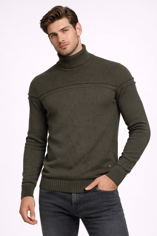 Erkek V Yaka Kazak Sık Örme Desenli Mürdümmelanj Slim Fit Kazak