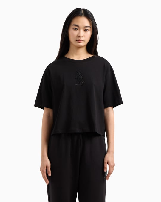 ARMANI EXCHANGE Armani Exchange Kadın Normal Kalıp Yapay Elmas İşlemeli %100 Pamuklu Crop Siyah T-Shirt XW000102 AF10359-UC001