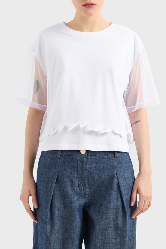 ARMANI EXCHANGE Armani Exchange Kadın Pamuklu Yuvarlak Yakalı Kolları Transparan Crop Beyaz T-Shirt XW000541 AF10359-U0002
