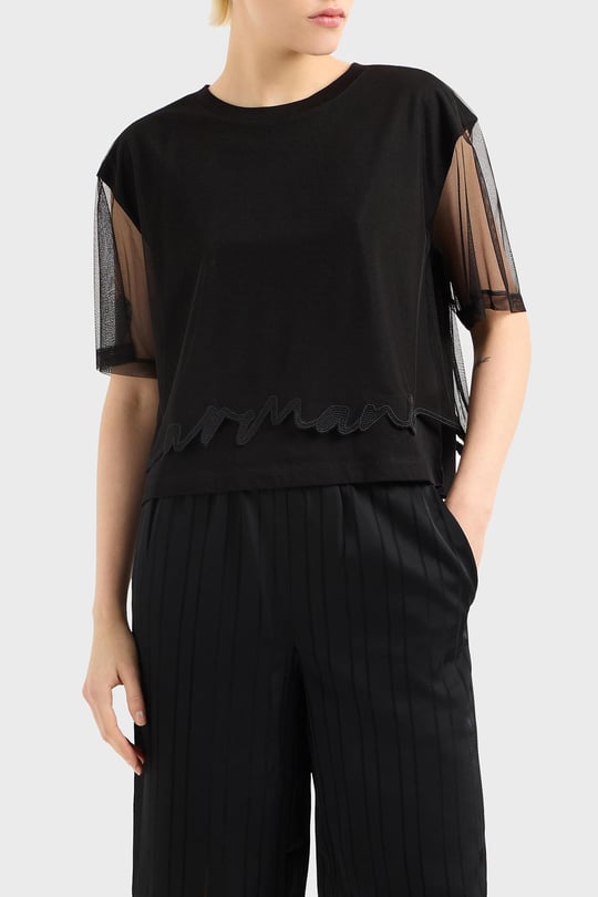 ARMANI EXCHANGE Armani Exchange Kadın Pamuklu Yuvarlak Yakalı Kolları Transparan Crop Siyah T-Shirt XW000541 AF10359-UC001