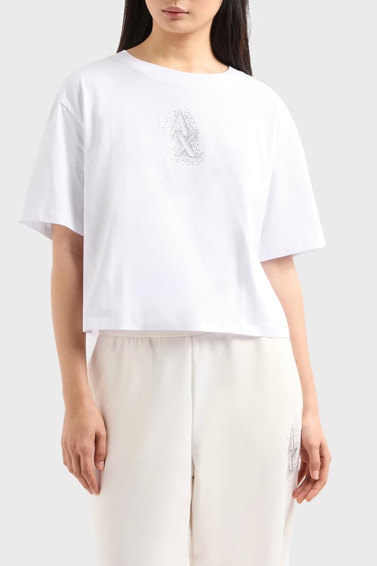ARMANI EXCHANGE Armani Exchange Kadın Normal Kalıp Yapay Elmas İşlemeli %100 Pamuklu Crop Beyaz T-Shirt XW000102 AF10359-U0002