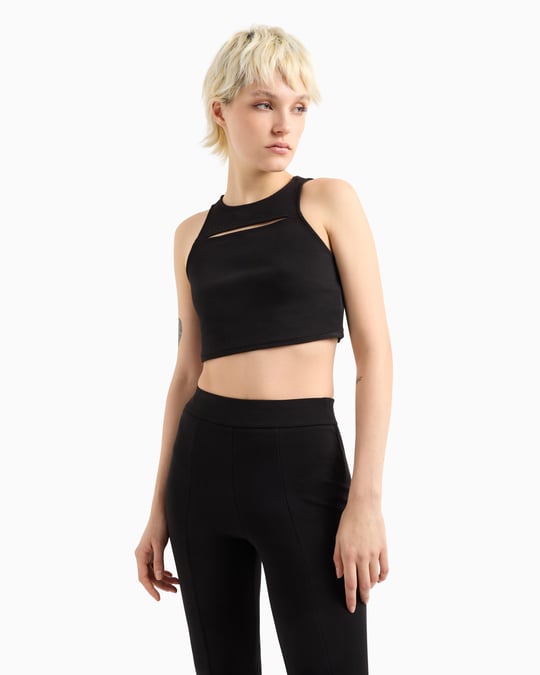 ARMANI EXCHANGE Armani Exchange Kadın Regular Fit Yuvarlak Yaka Taş Desenli Kesik Detaylı Kolsuz Crop Siyah T-Shirt XW000368 AF12826-UC001