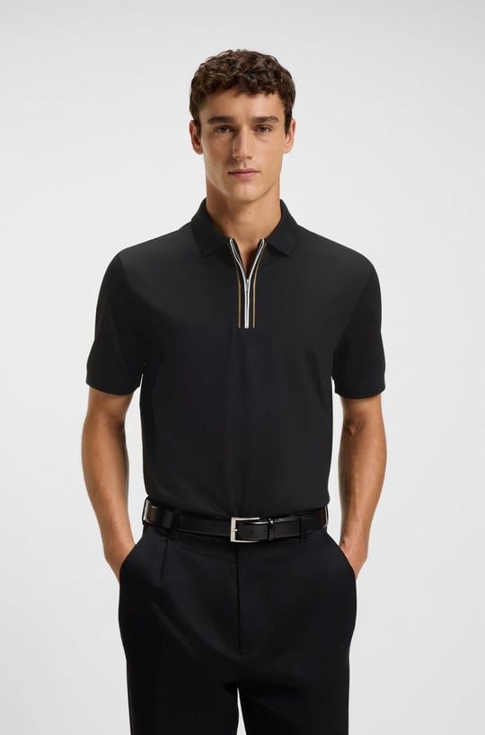 BOSS  BOSS Erkek %100 Merserize Pamuklu Normal Kalıp Kısa Kollu Yarım Fermuarlı Siyah Polo Yaka T-Shirt 50543880-001