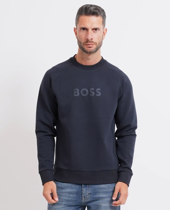 BOSS  BOSS Erkek Normal Kalıp Logo Baskılı Pamuklu Uzun Kollu Lacivert T-Shirt 50565307-402