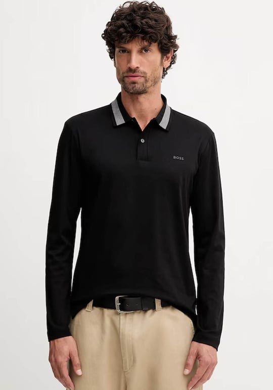 BOSS  BOSS Erkek Normal Kalıp Logo İşlemeli %100 Pamuklu Uzun Kollu Siyah Polo Yaka T-Shirt 50549257-002