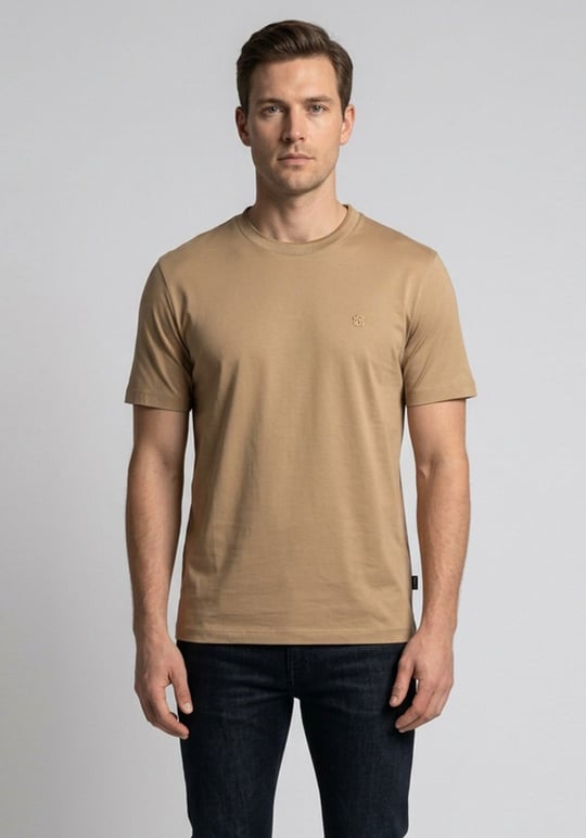 BOSS  BOSS Erkek Normal Kalıp Yuvarlak Yakalı Logo İşlemeli Yuvarlak Yakalı Pamuklu Kısa Kollu Bej T-Shirt 50570889-260