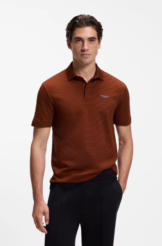 BOSS  BOSS Erkek Normal Kesim Logo Etiketli Pamuklu Jakarlı Kısa Kollu Kahverengi Polo Yaka T-Shirt 50565174-214