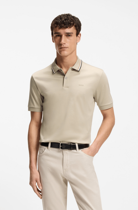 BOSS  BOSS Erkek Pamuklu Polo Yakalı Düğme Kapamalı Kısa Kollu Bej Polo Yaka T-Shirt 50469360-286