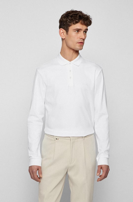 BOSS BOSS Erkek Pamuklu Polo Yakalı Düğme Kapamalı Uzun Kollu Beyaz Polo Yaka T-Shirt 50468392-100