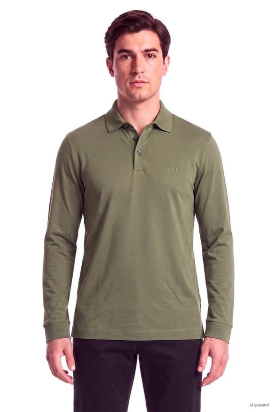 BOSS  BOSS Erkek Pamuklu Polo Yakalı Düğme Kapamalı Uzun Kollu Haki Polo Yaka T-Shirt 50468392-347