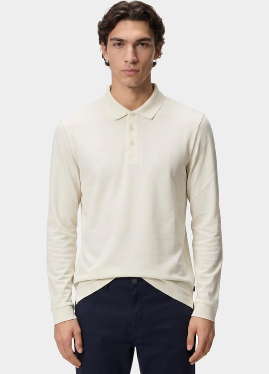BOSS  BOSS Erkek Pamuklu Polo Yakalı Düğme Kapamalı Uzun Kollu Ekru Polo Yaka T-Shirt 50468392-118