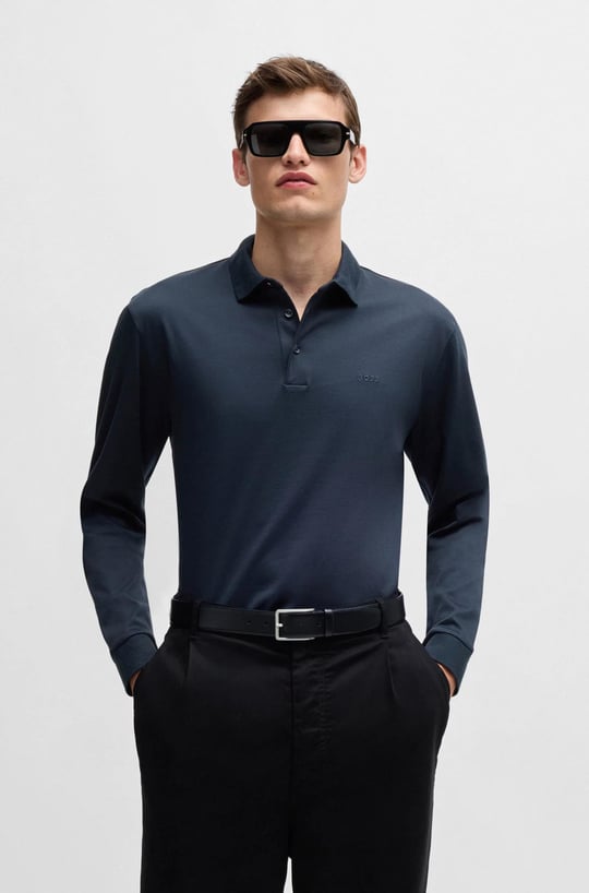 BOSS BOSS Erkek Pamuklu Polo Yakalı Düğme Kapamalı Uzun Kollu Lacivert Polo Yaka T-Shirt 50468392-404