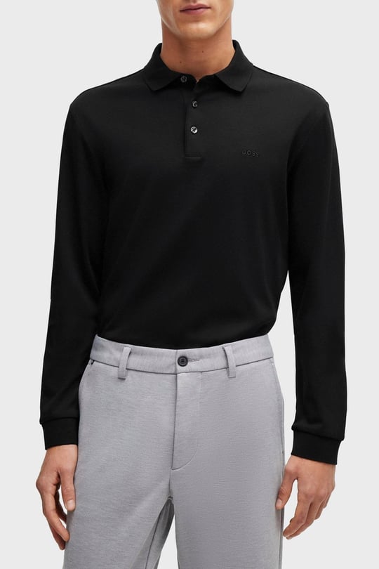 BOSS BOSS Erkek Pamuklu Polo Yakalı Düğme Kapamalı Uzun Kollu Siyah Polo Yaka T-Shirt 50468392-001