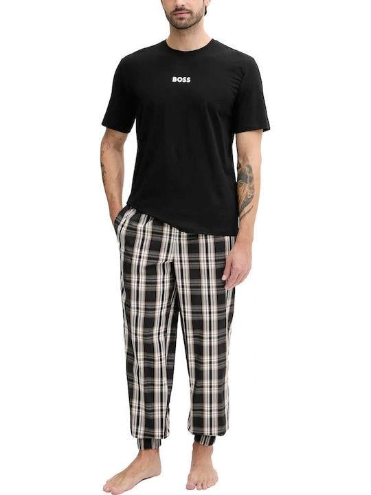 BOSS  BOSS Erkek Rahat Kalıp Desenli Yuvarlak Yakalı Paçası Lastikli Pamuklu Siyah Pijama Takımı 50535875-003