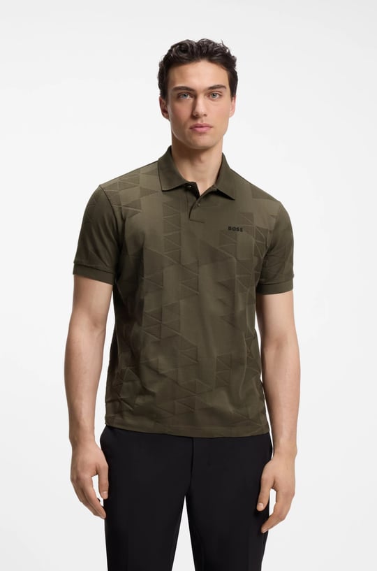 BOSS  BOSS Erkek Regular Fit Desenli Pamuklu Kısa Kollu Haki Polo Yaka T-Shirt 50563975-398