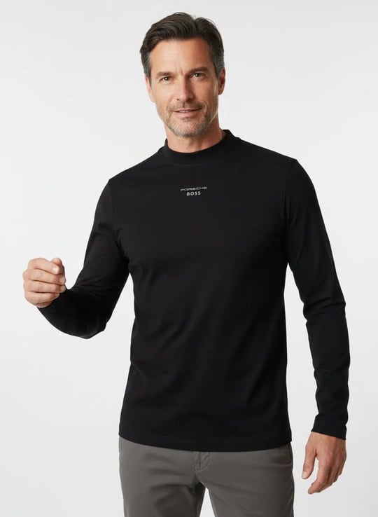 BOSS  BOSS Erkek Regular Fit Merserize Pamuk Karışımlı Parlak Logolu Yuvarlak Yakalı Uzun Kollu Siyah T-Shirt 50569474-001