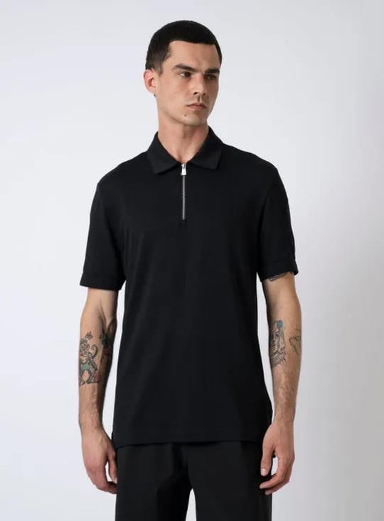 BOSS  BOSS Erkek Regular Fit Pike Dokuma Kumaş Kısa Kollu Yarım Fermuarlı Siyah Polo Yaka T-Shirt 50544091-001