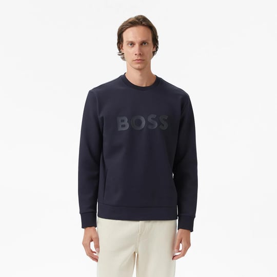 BOSS  BOSS Erkek Regular Fit Ribanalı Yuvarlak Yakalı Esnek Pamuklu Logo Kabartmalı Lacivert Sweatshirt 50506119-402