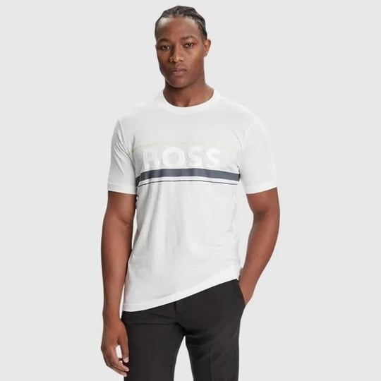 BOSS  BOSS Erkek Regular Fit Yuvarlak Yakalı Çizgili ve Logolu Kısa Kollu Beyaz T-Shirt 50550113-100