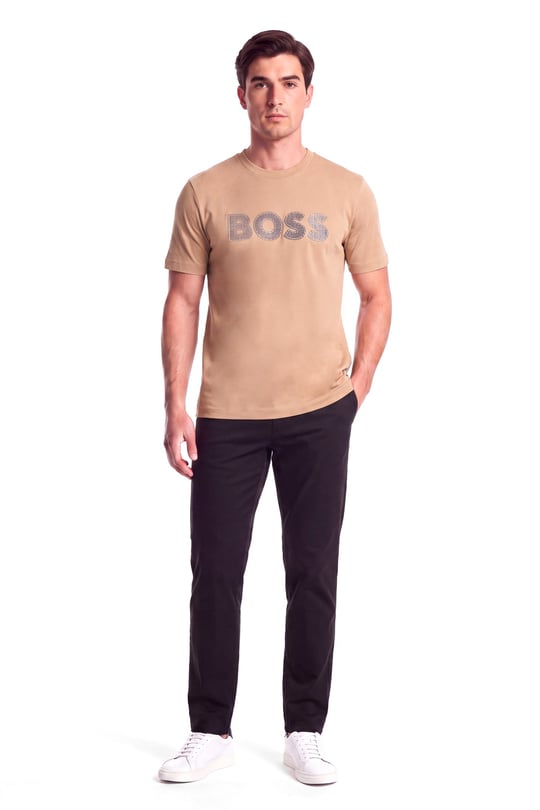 BOSS  BOSS Erkek Regular Fit Yuvarlak Yakalı Logo Detaylı Pamuklu Kısa Kollu Bej T-Shirt 50565630-260