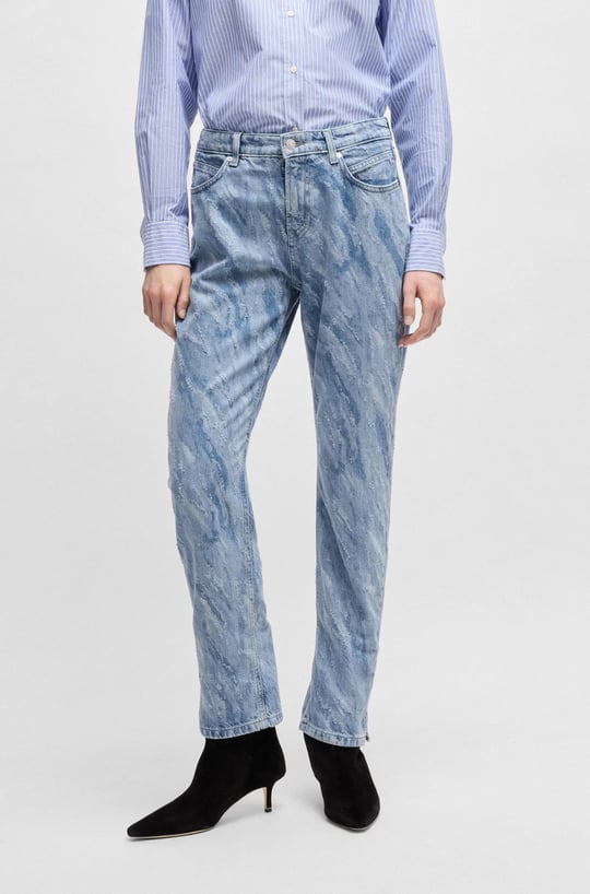 BOSS BOSS Kadın Dokulu Eskitme Desenli Denim Yüksek Bel Slim Fit Mavi Jeans 50529986-416