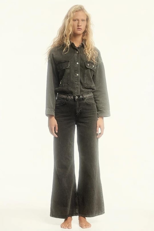 Bsb Bsb Kadın Yüksek Bel Geniş Paça Denim Kumaş Cepli Siyah Pantolon 054-212941-BLACK