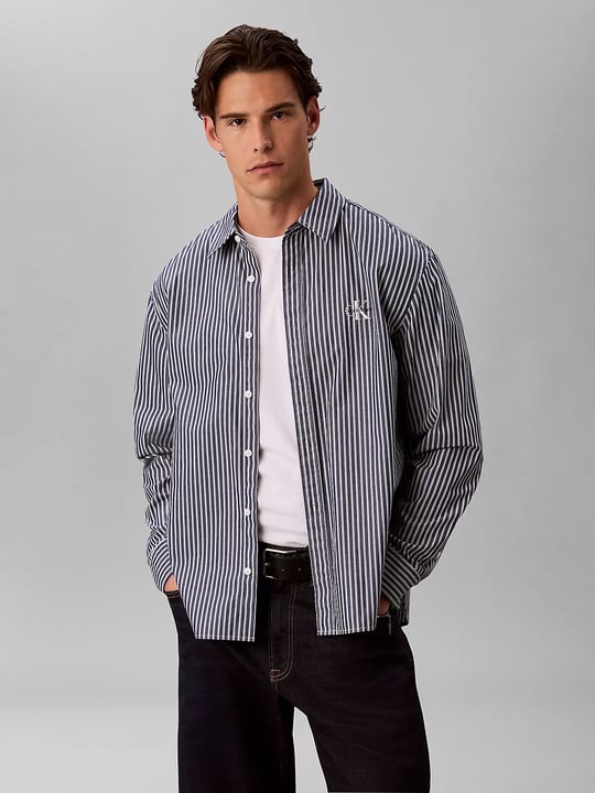 Calvin Klein Calvin Klein Erkek Çizgi Desen Gömlek Yaka Uzun Kol Düğme Kapama Lacivert-Beyaz Gömlek LV04RH104G-VU5