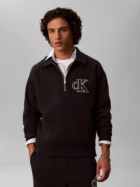 Calvin Klein Calvin Klein Erkek Regular Fit Çift Örme Fitilli Kumaş Fermuarlı Polo Yaka Uzun Kollu Siyah Sweatshirt LV04RH216G-UB1