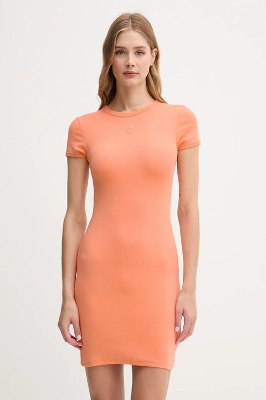 Calvin Klein Calvin Klein Kadın Dar Kesim Yuvarlak Yakalı Kısa Kollu CK Logo İşlemeli Mini Turuncu Elbise LV047B266G-VDW