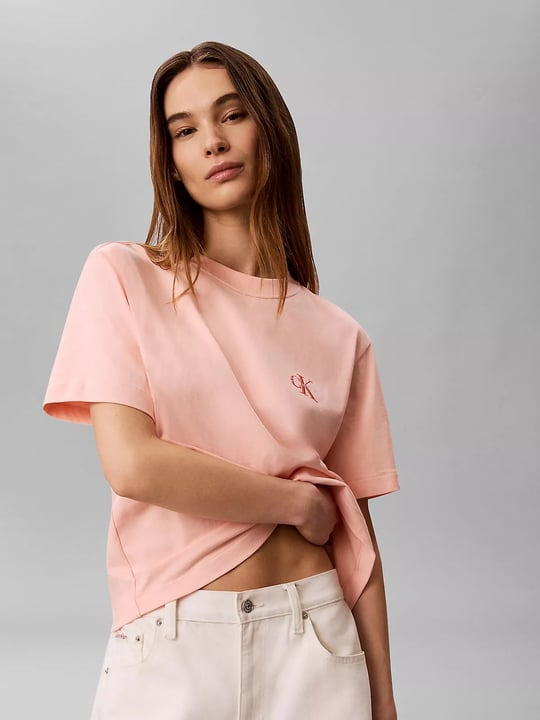 Calvin Klein Calvin Klein Kadın Normal Kalıp Pamuklu Yuvarlak Yakalı CK Logo Baskılı Kısa Kollu Pembe T-Shirt LV047G826G-4TJ