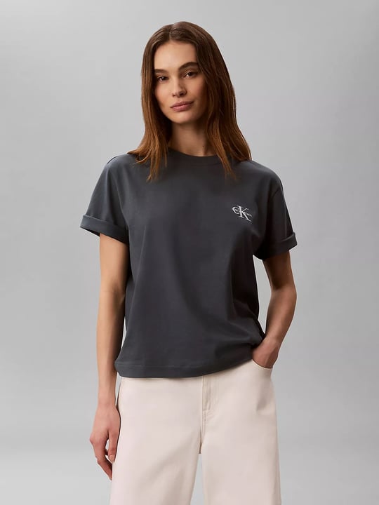 Calvin Klein Calvin Klein Kadın Normal Kalıp Pamuklu Yuvarlak Yakalı CK Logo Baskılı Kısa Kollu Antrasit T-Shirt LV047G826G-CEG