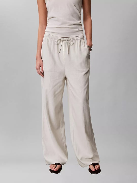Calvin Klein Calvin Klein Kadın Rahat Kalıp Beli Lastikli Geniş Paçalı Keten Beyaz Pantolon LV047F631G-67U