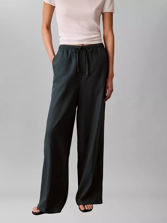 Calvin Klein Calvin Klein Kadın Rahat Kalıp Beli Lastikli Geniş Paçalı Keten Mavi Pantolon LV047F631G-3Q1