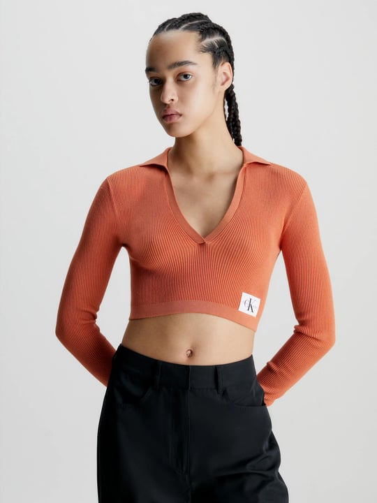 Calvin Klein Calvin Kleın Kadın Uzun Kollu V Yaka Crop Boy Turuncu Kazak J20J221969-SEC