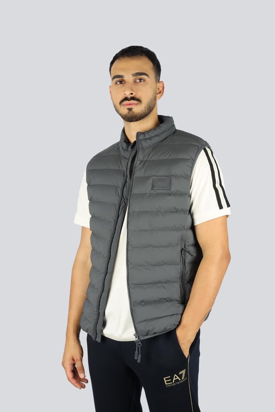 EA7 Ea7 Erkek Kolsuz Dik Yaka Şişme Fermuar Kapama Gri Yelek 7M000683 AF15953-U8117