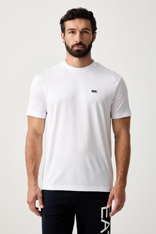 EA7 Ea7 Erkek Normal Kalıp Yumuşak Dokuma Kumaşlı Plaka Logolu Kısa Kollu Beyaz T-Shirt 7M002096 AF13862-U0002